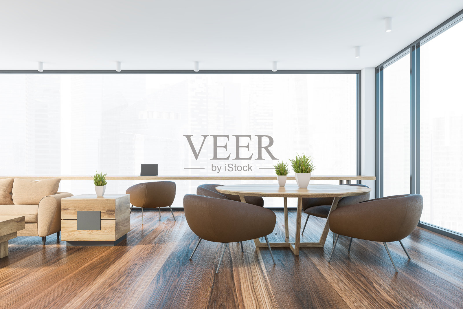 客厅和餐厅有棕色的扶手椅照片摄影图片