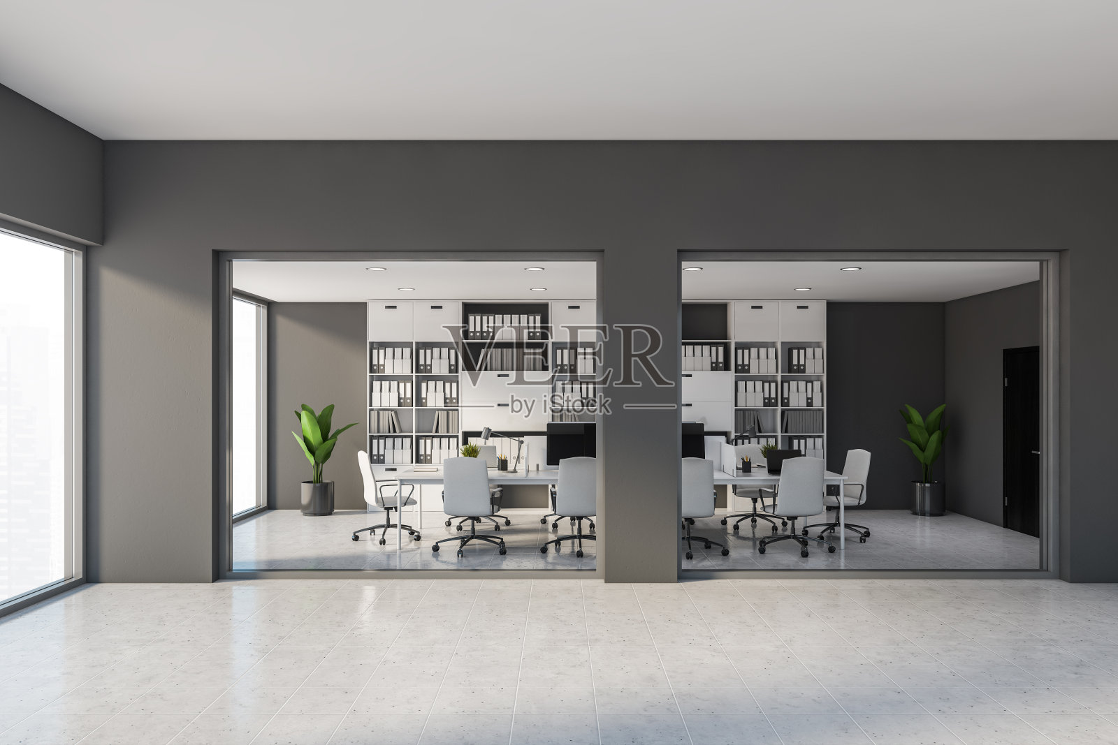 全景灰色开放空间办公室内部照片摄影图片