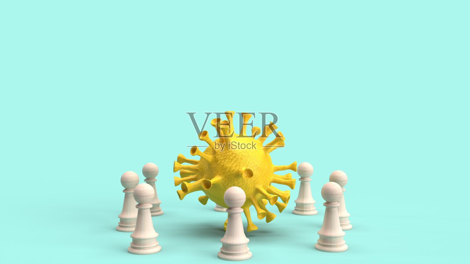 用于冠状病毒内容3d渲染的黄色病毒和木质象棋照片摄影图片