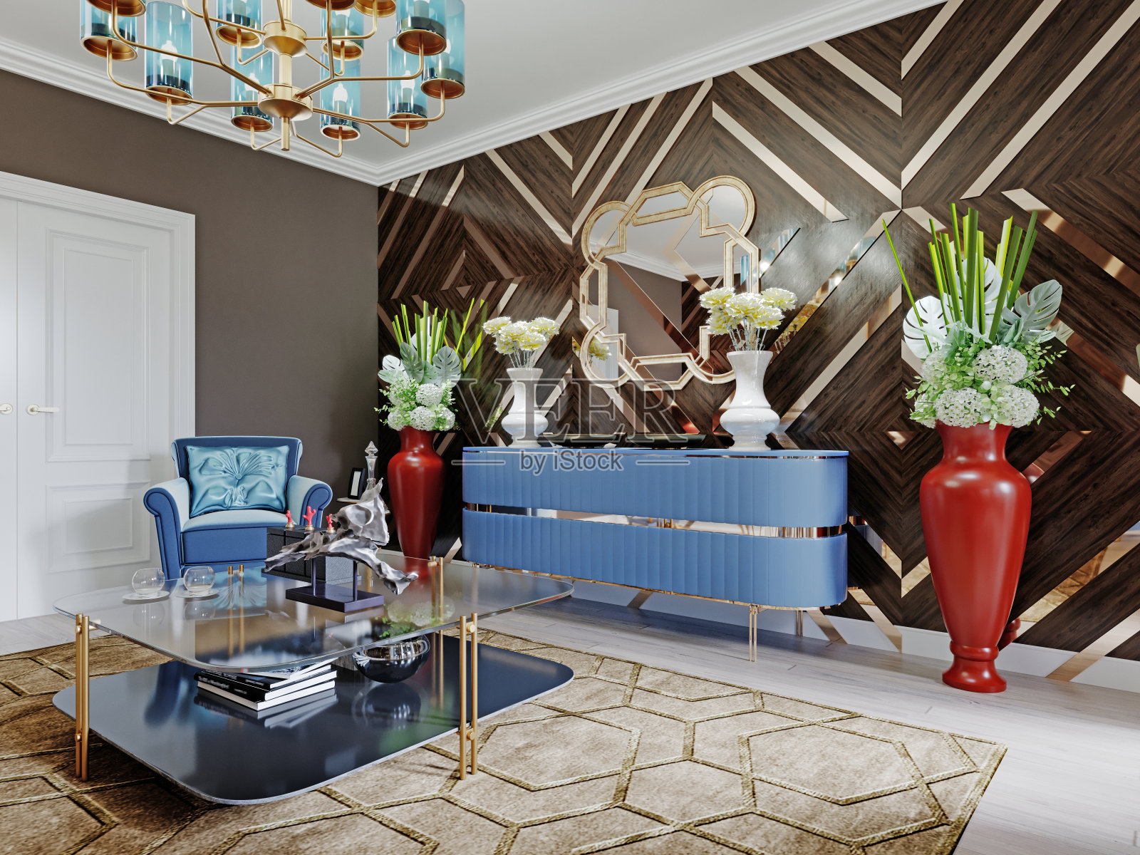 蓝色的设计师五斗柜，里面有一面镜子和装饰品，两个红色的大花瓶，木制的墙壁上点缀着金色。照片摄影图片