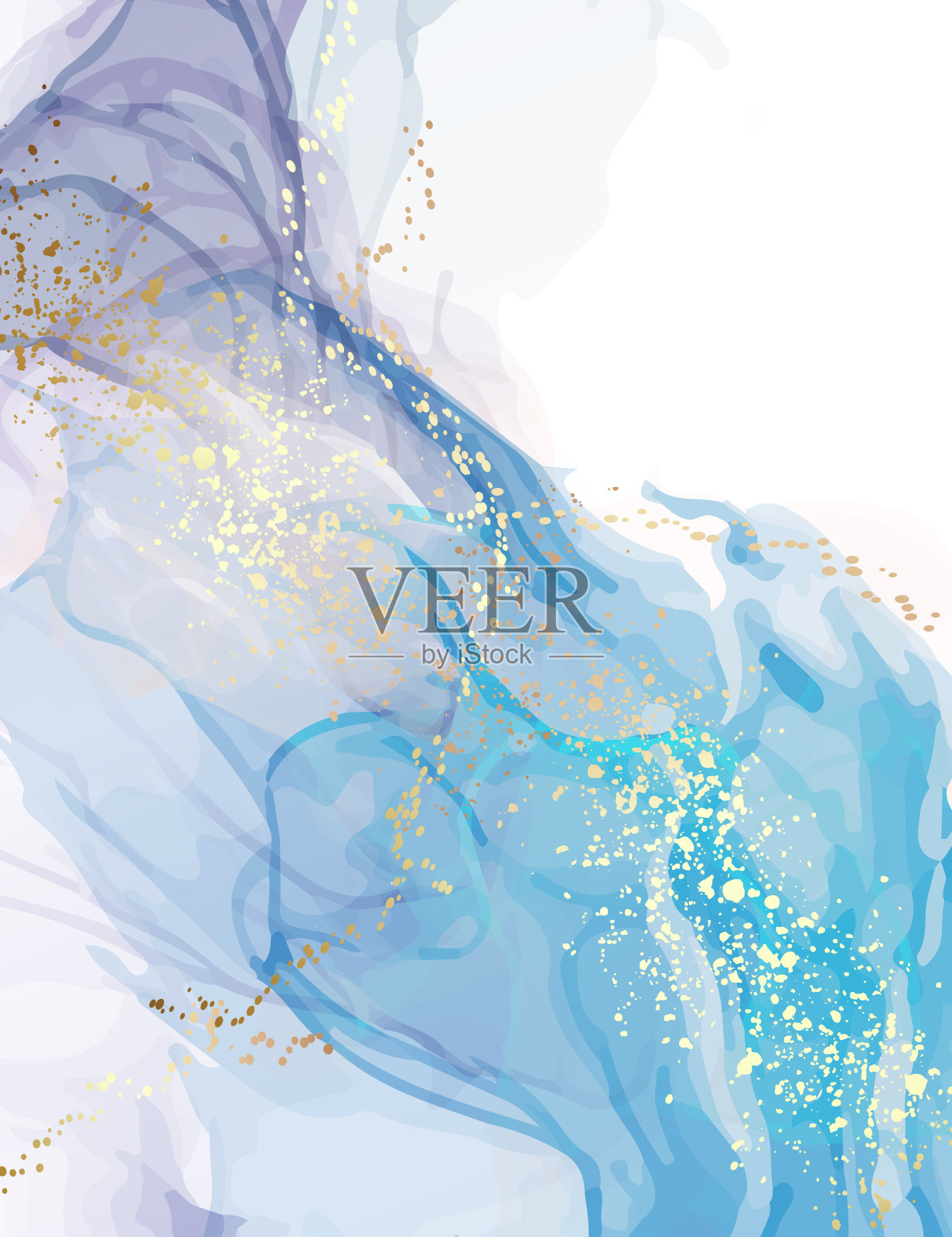 蓝色水彩抽象纹理，酒精墨水背景，数码纸与金色闪光无缝育儿纸矢量设计。现代模板垃圾墙纸蜡笔矢量插画图片素材