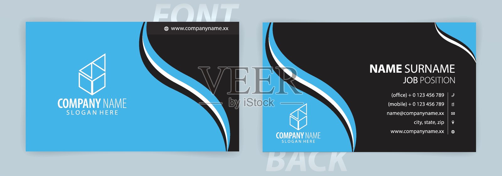 蓝色和黑色名片模板(正面和背面)矢量设计模板素材