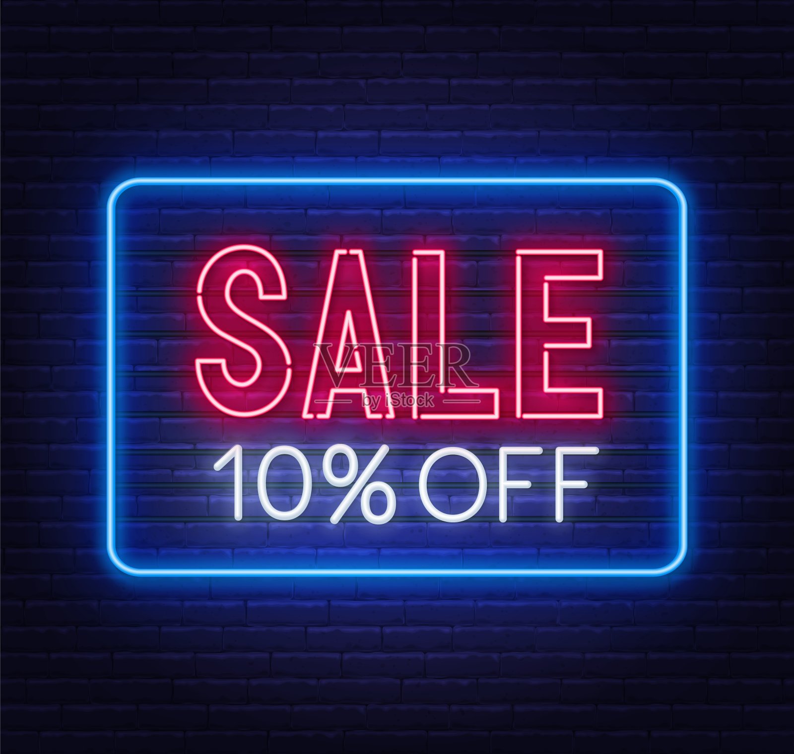 砖墙背景上的霓虹灯打九折。设计元素图片