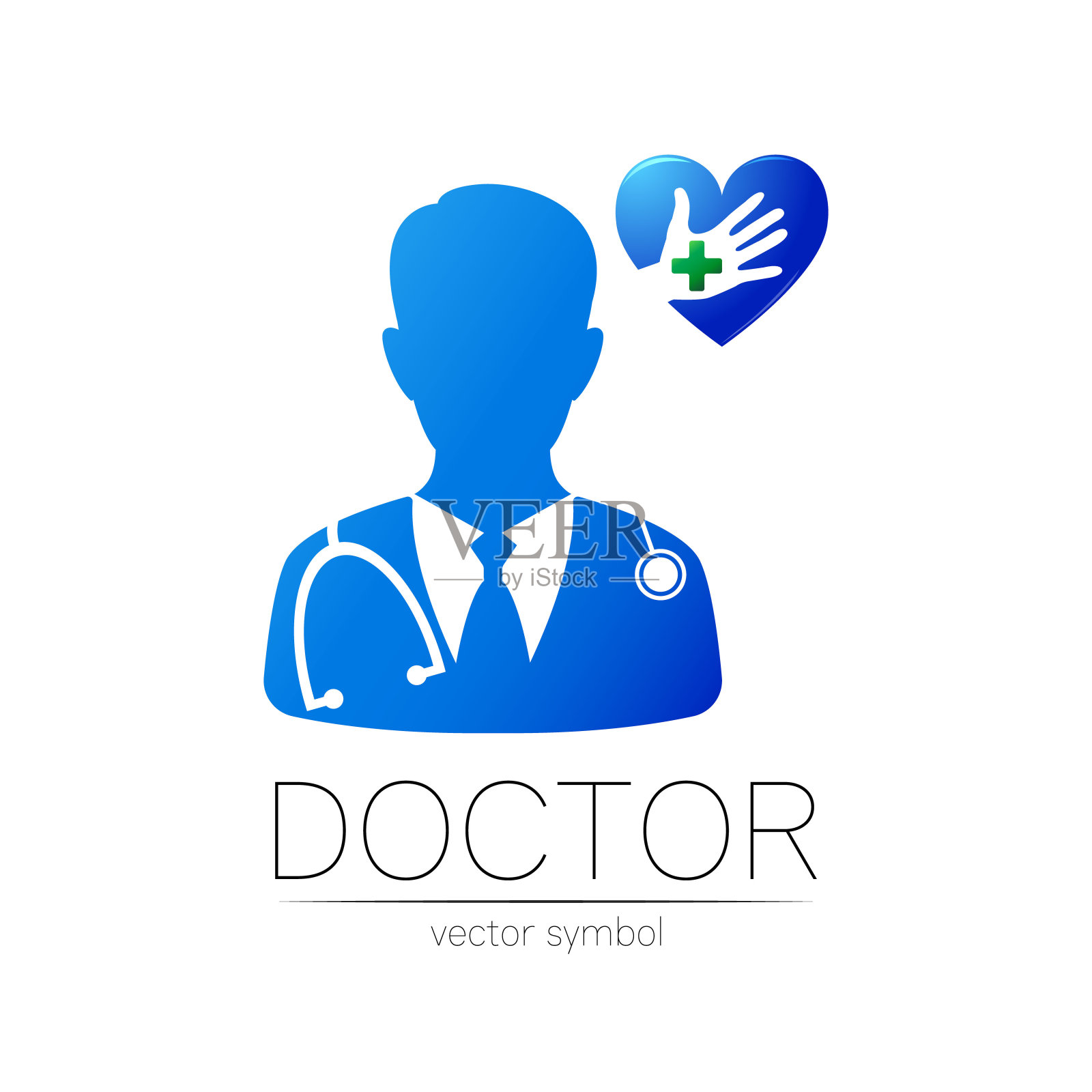 医生矢量标志在蓝色与心脏和十字架。剪影医学心脏病专家男人。诊所、心脏病学、医学和商业的标志。概念上的白色。模板为网页，身份风格。插画图片素材