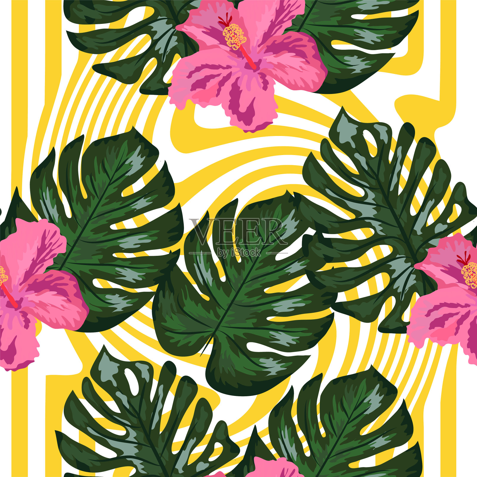 印花夏季异国情调的丛林植物热带棕榈树插画图片素材