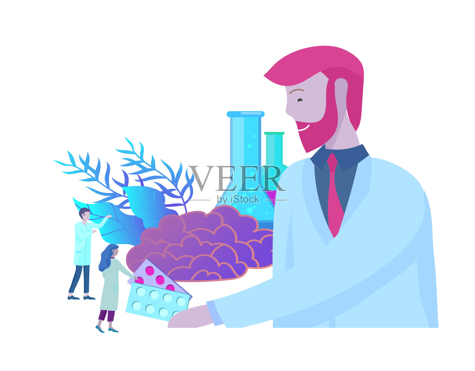 神经遗传学的概念。平式小人物医生医疗队工作，构建DNA，研究脱氧核糖核酸。大脑,创造性思维插画图片素材