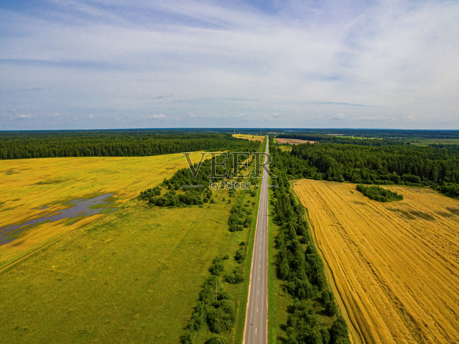 鸟瞰道路和农田。照片摄影图片