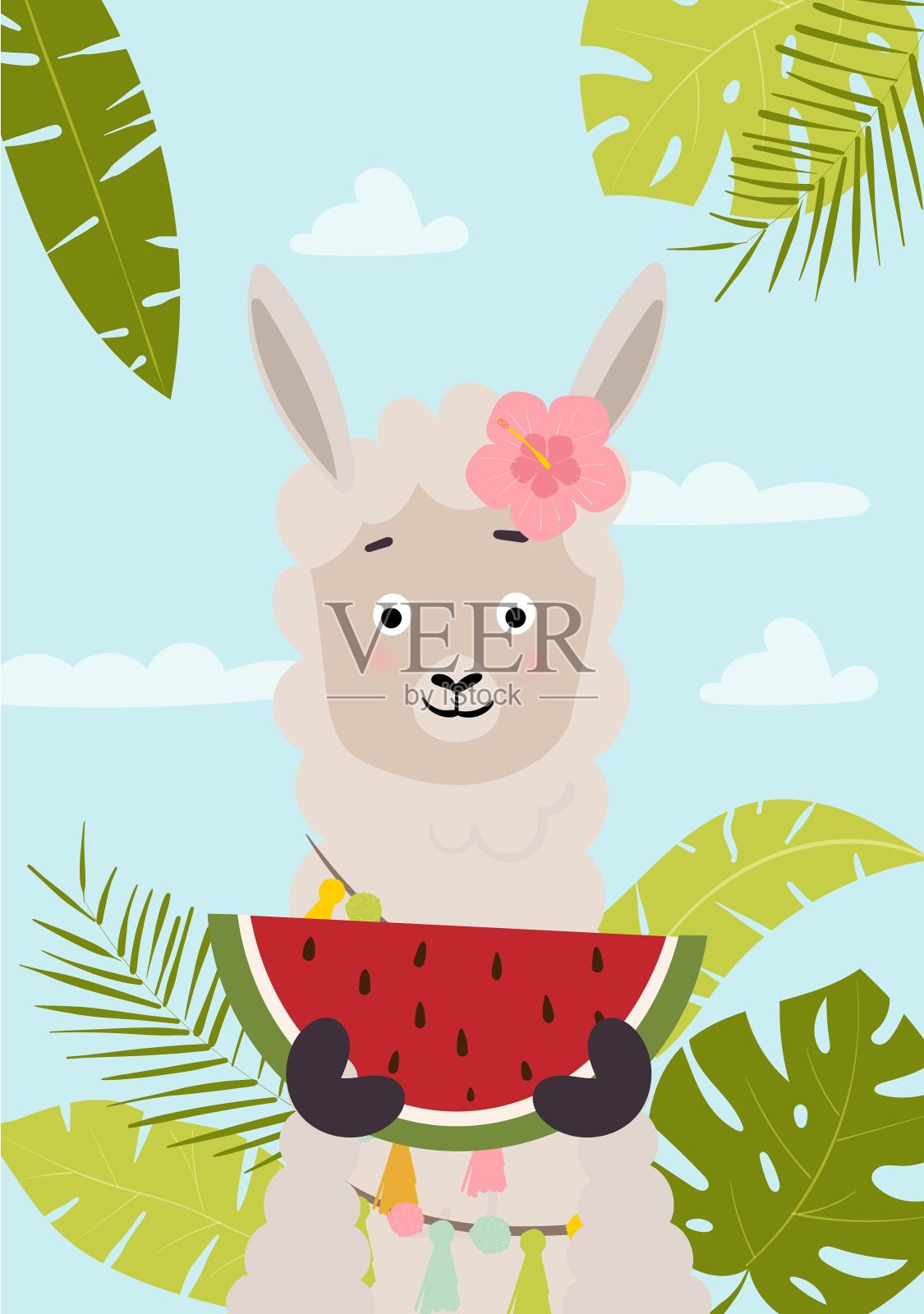 夏日卡片设计与可爱的骆驼和西瓜在海滩上。矢量图插画图片素材