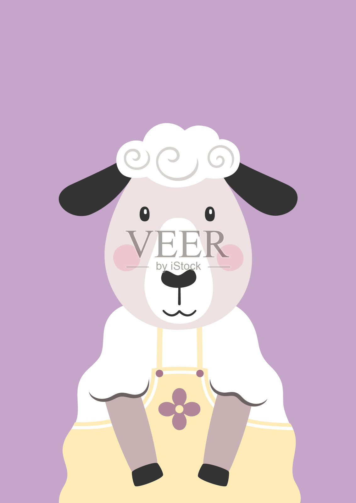 可爱的绵羊穿着黄色的裙子。卡通人物。婴儿房的海报。用于育儿室的儿童印花。设计可用于儿童服装、贺卡、请帖、宝宝送礼会。矢量插图。插画图片素材