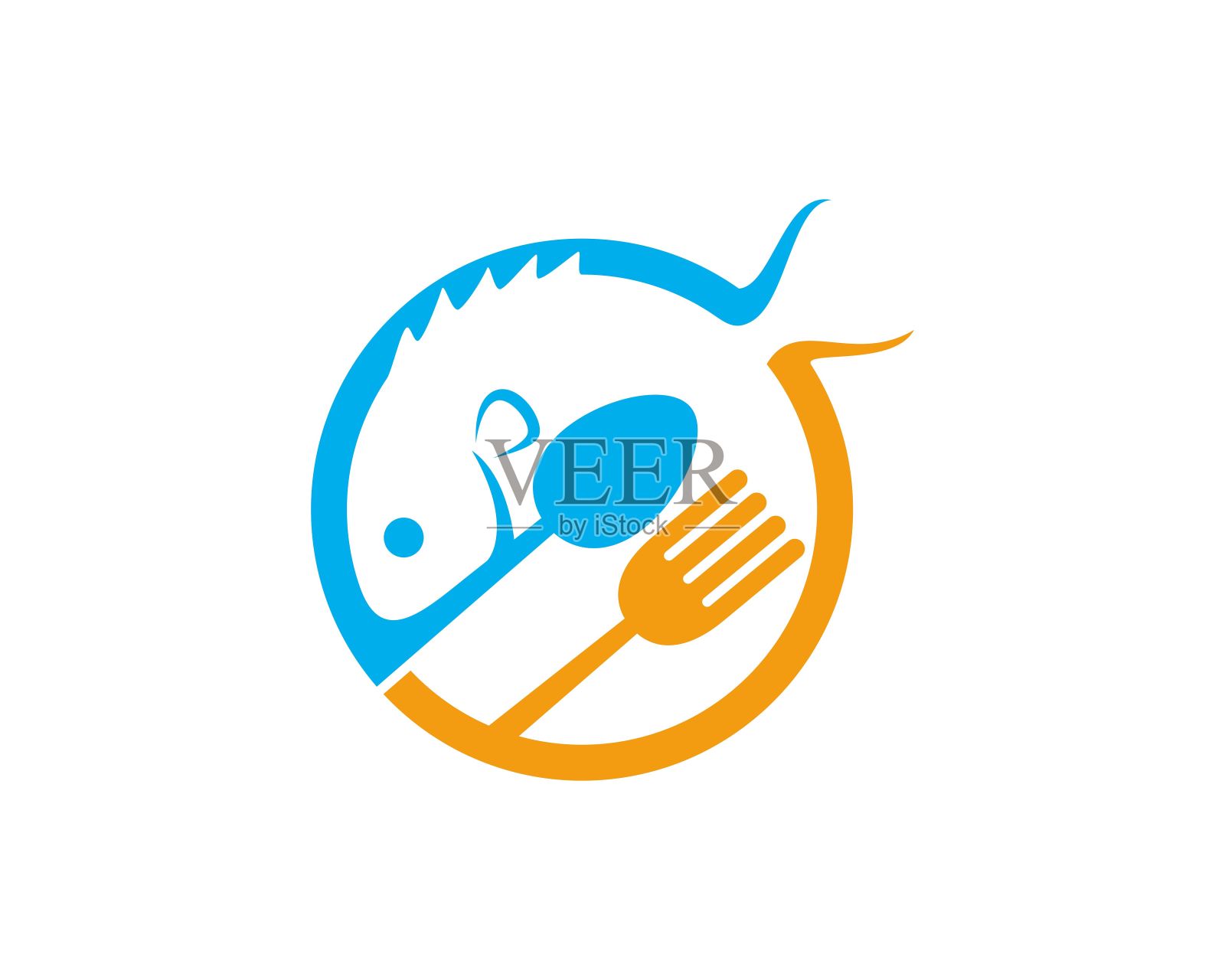 用勺子和叉子围成圆形的鱼插画图片素材