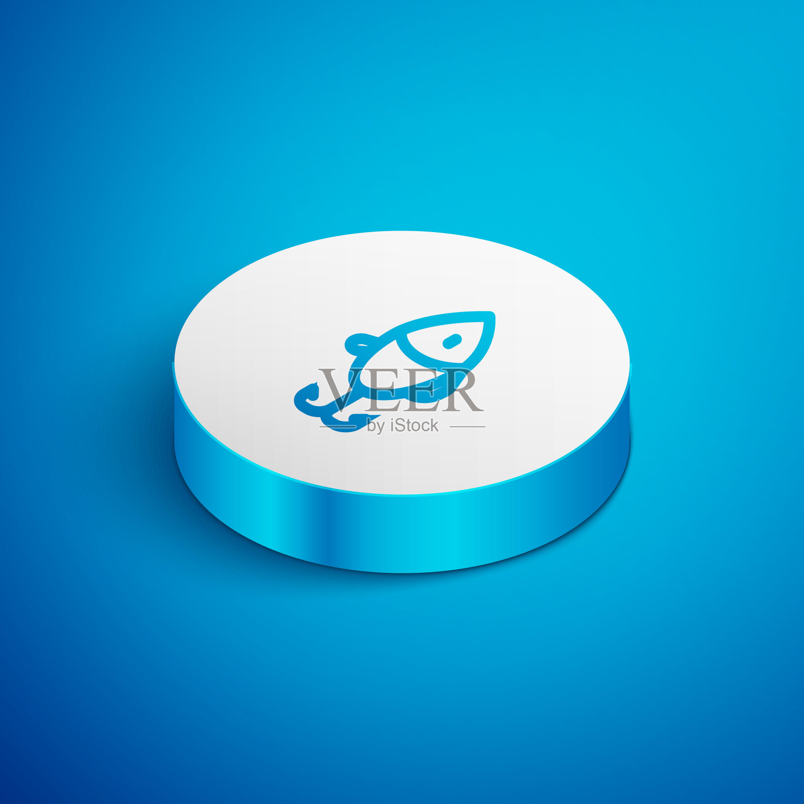 鱼饵图标孤立在蓝色背景上。渔具。白色的圆按钮。向量图标素材