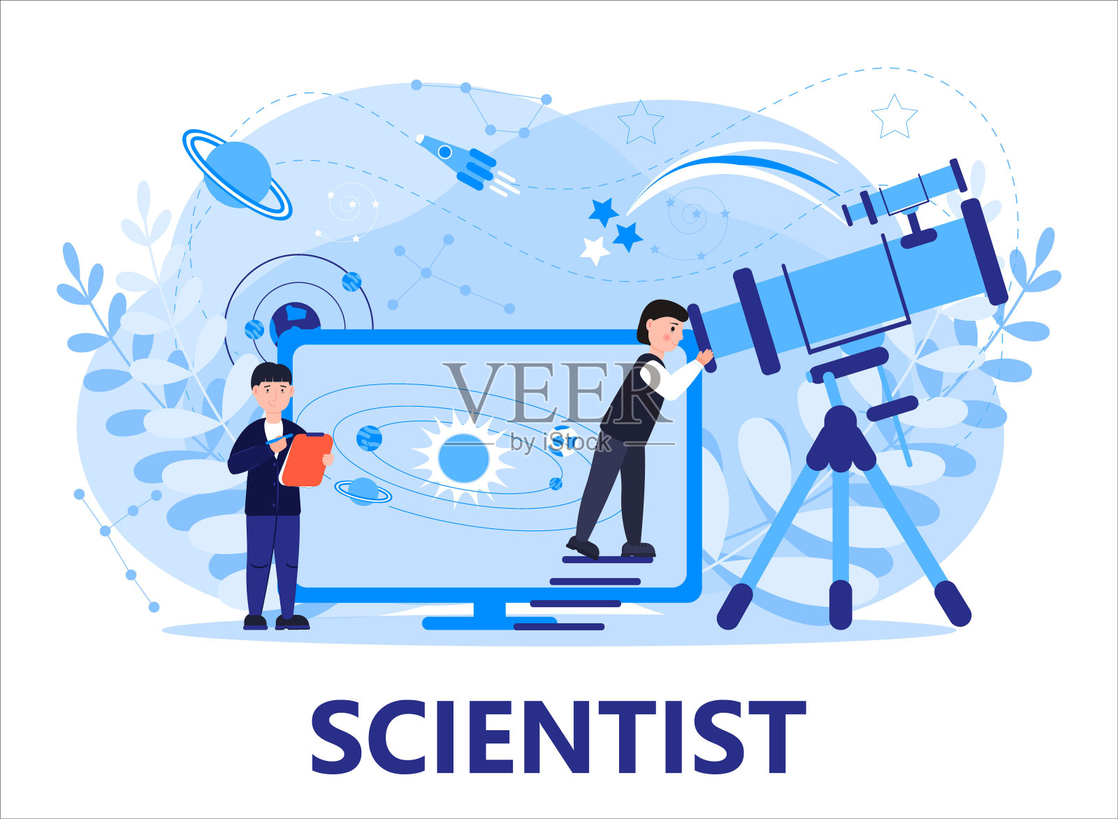 天文学家或占星家概念矢量。在线会议，远程或远程教育的web，应用程序，横幅。科学家在天文台探索星空。插画图片素材