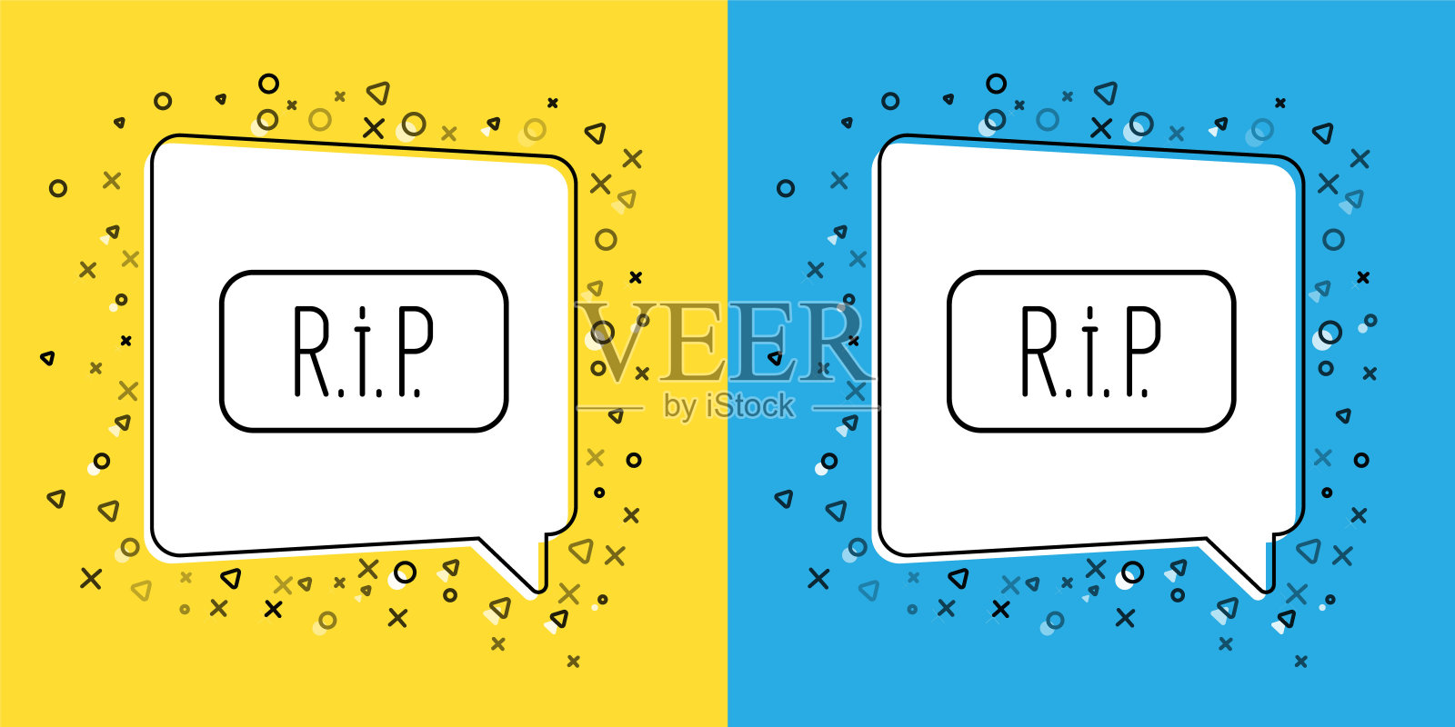 设置线语音气泡撕裂死亡图标孤立在黄色和蓝色背景。向量插画图片素材