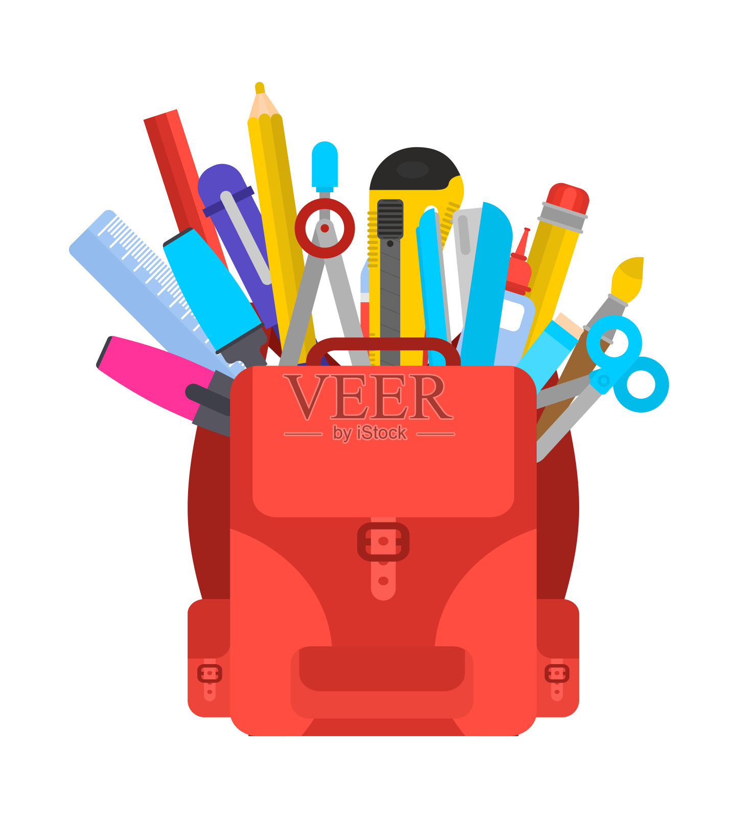 学校设置。学习用品:公文包、铅笔和橡皮擦。尺子和笔。开普勒和强大插画图片素材