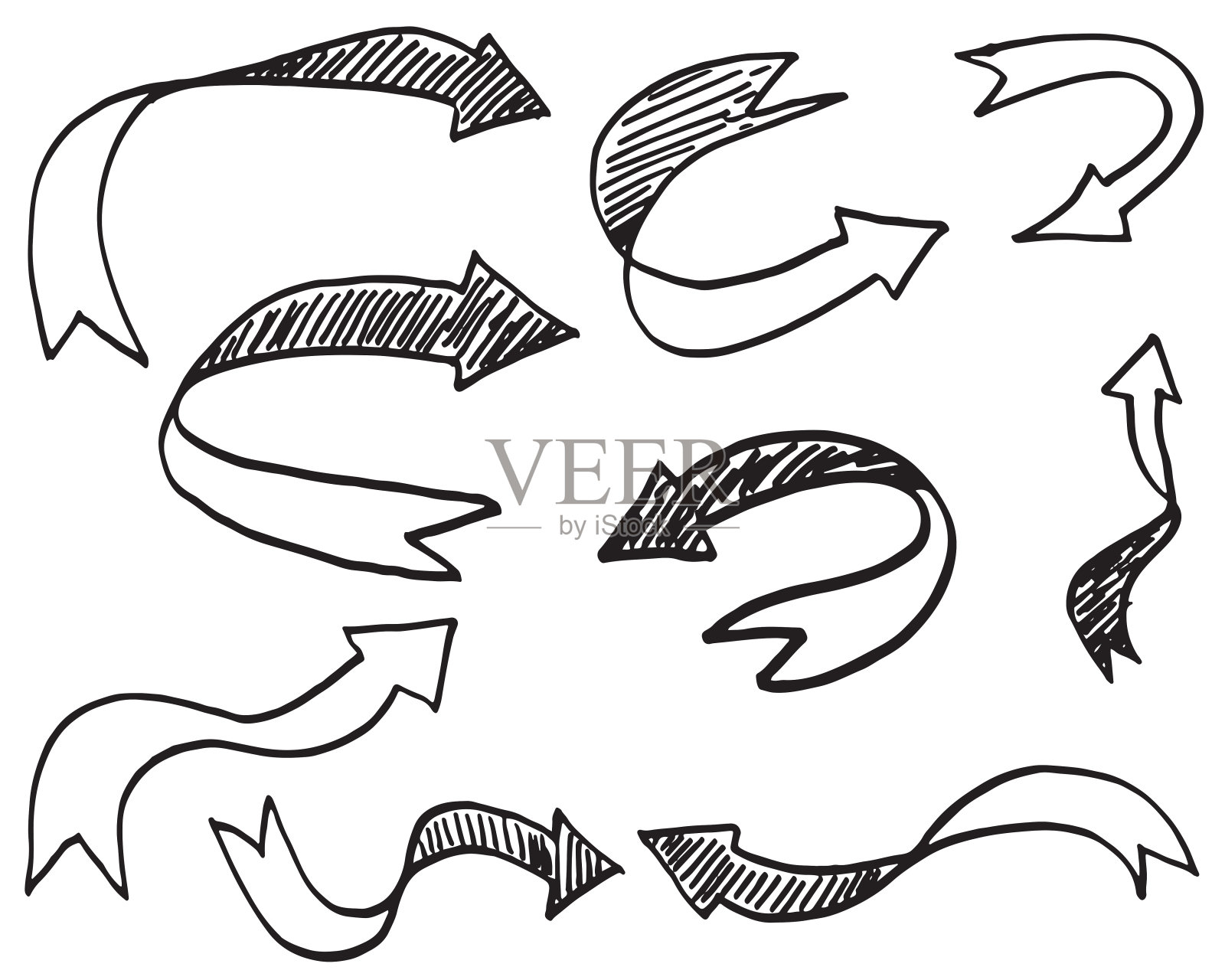 一套手绘矢量箭头涂鸦在白色的背景。设计元素矢量插图。设计元素图片