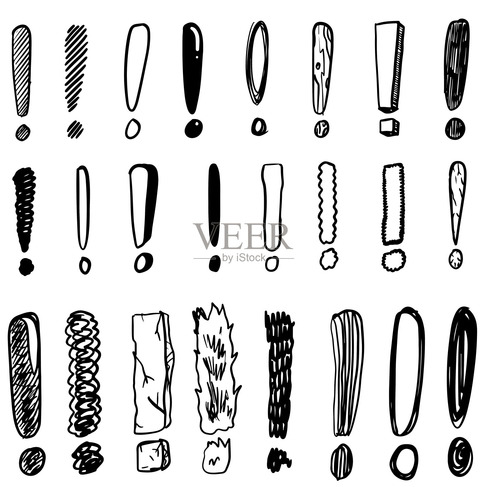 一套手绘感叹号。涂鸦感叹号设置。矢量插图。插画图片素材