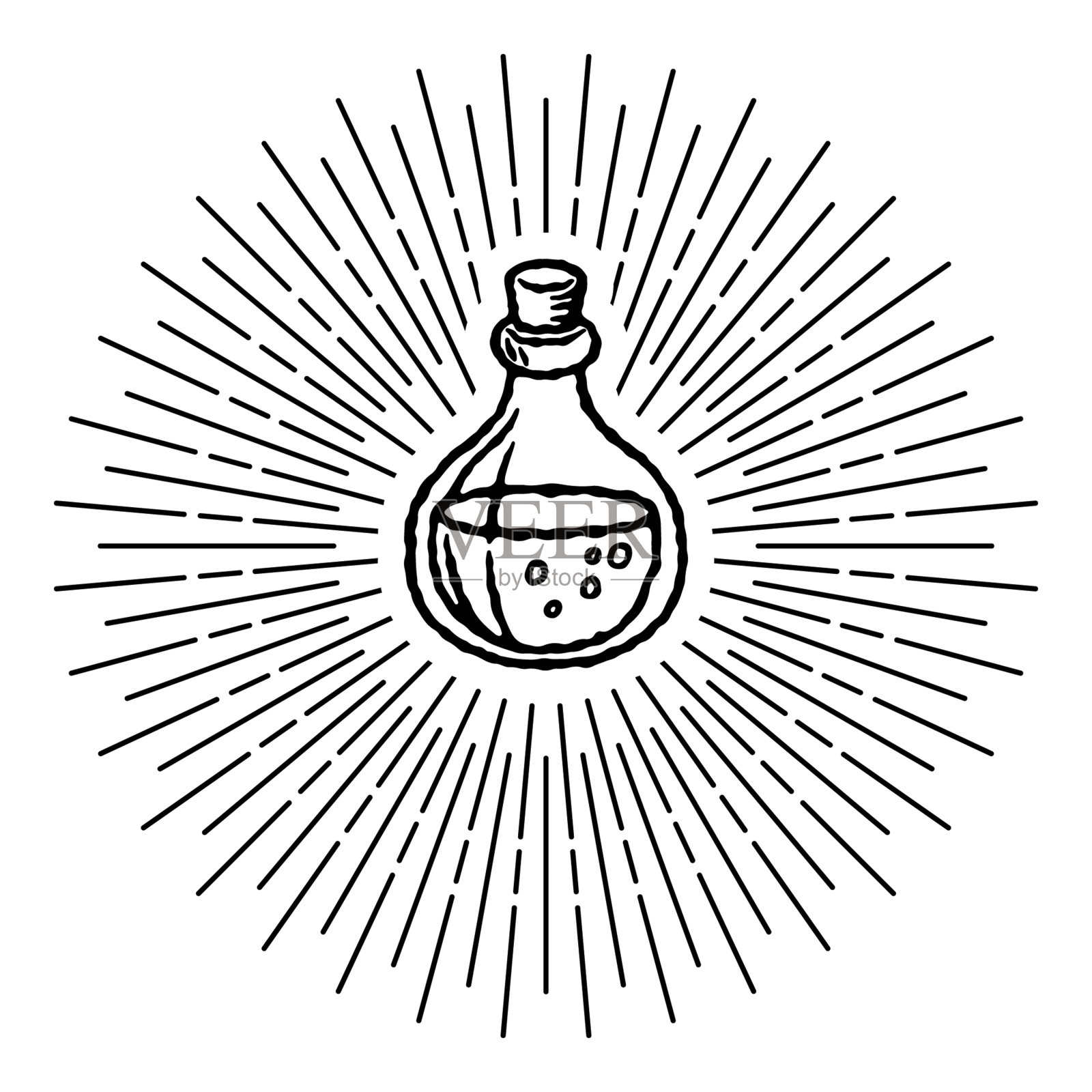 老派纹身标志与瓶与轮廓在经典的黑白复古风格与光线和闪光插画图片素材