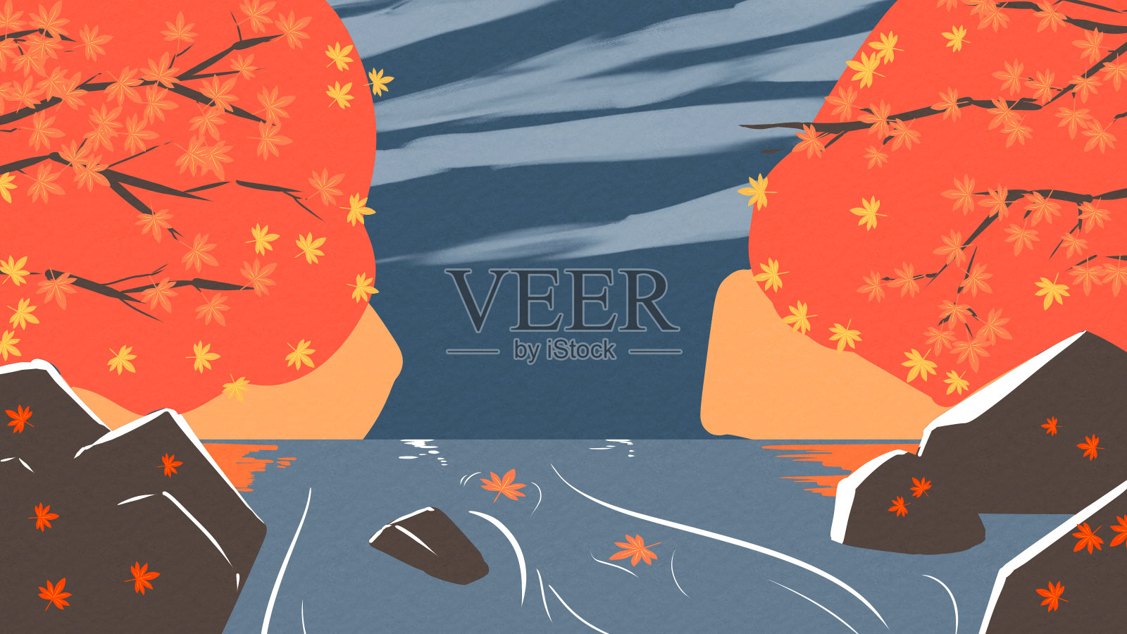 秋叶和江夜墙纸插画图片素材