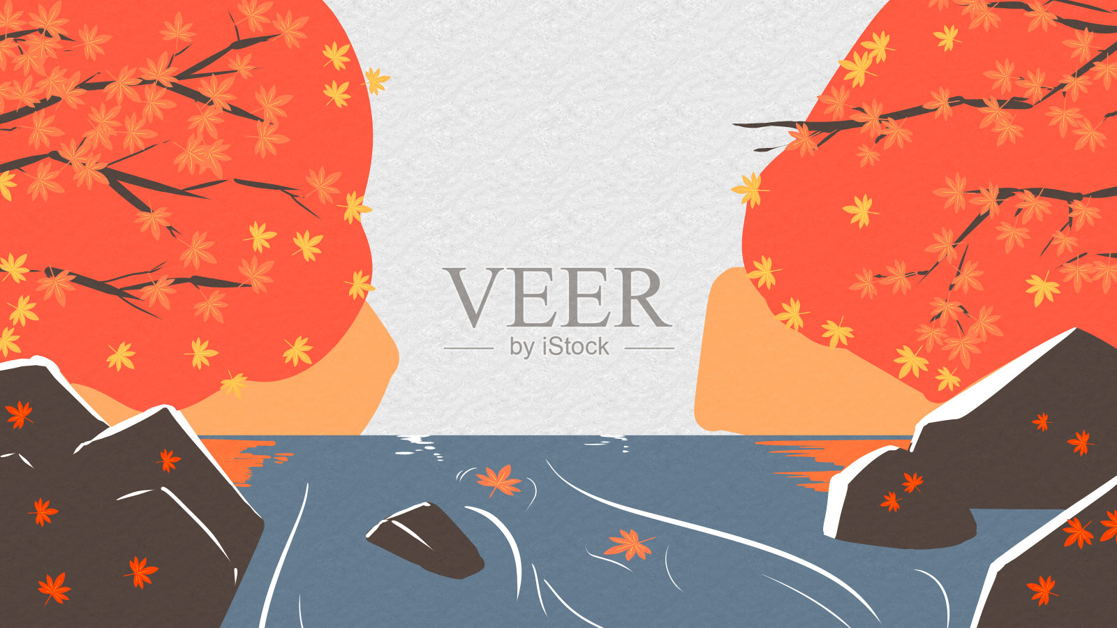 秋叶和河白色背景墙纸插画图片素材