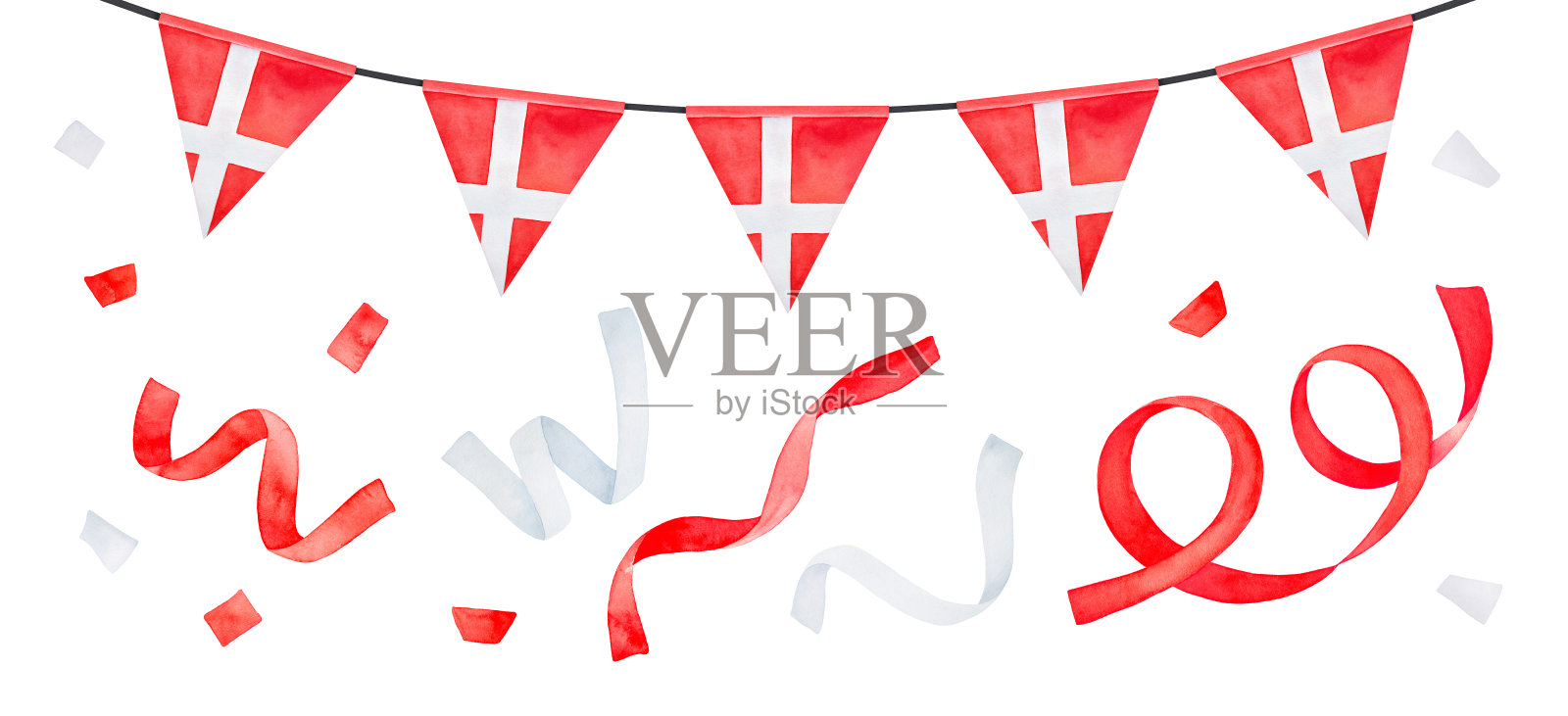 水彩插图收集与明亮的旗帜与丹麦国旗和红白的节日横幅。手绘水彩素描画，剪纸元素的创意设计。设计元素图片