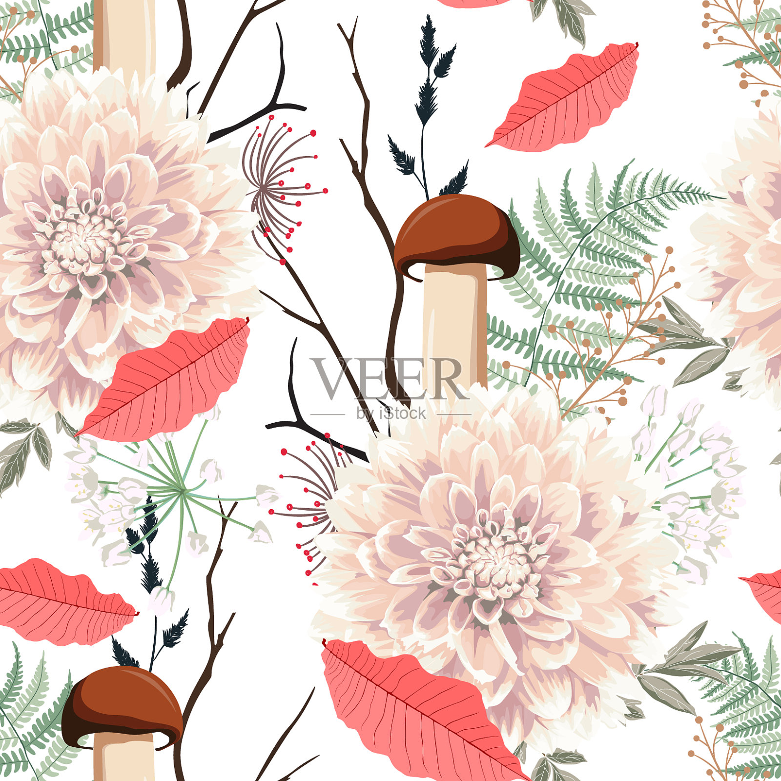 草本和蘑菇无缝模式插画图片素材