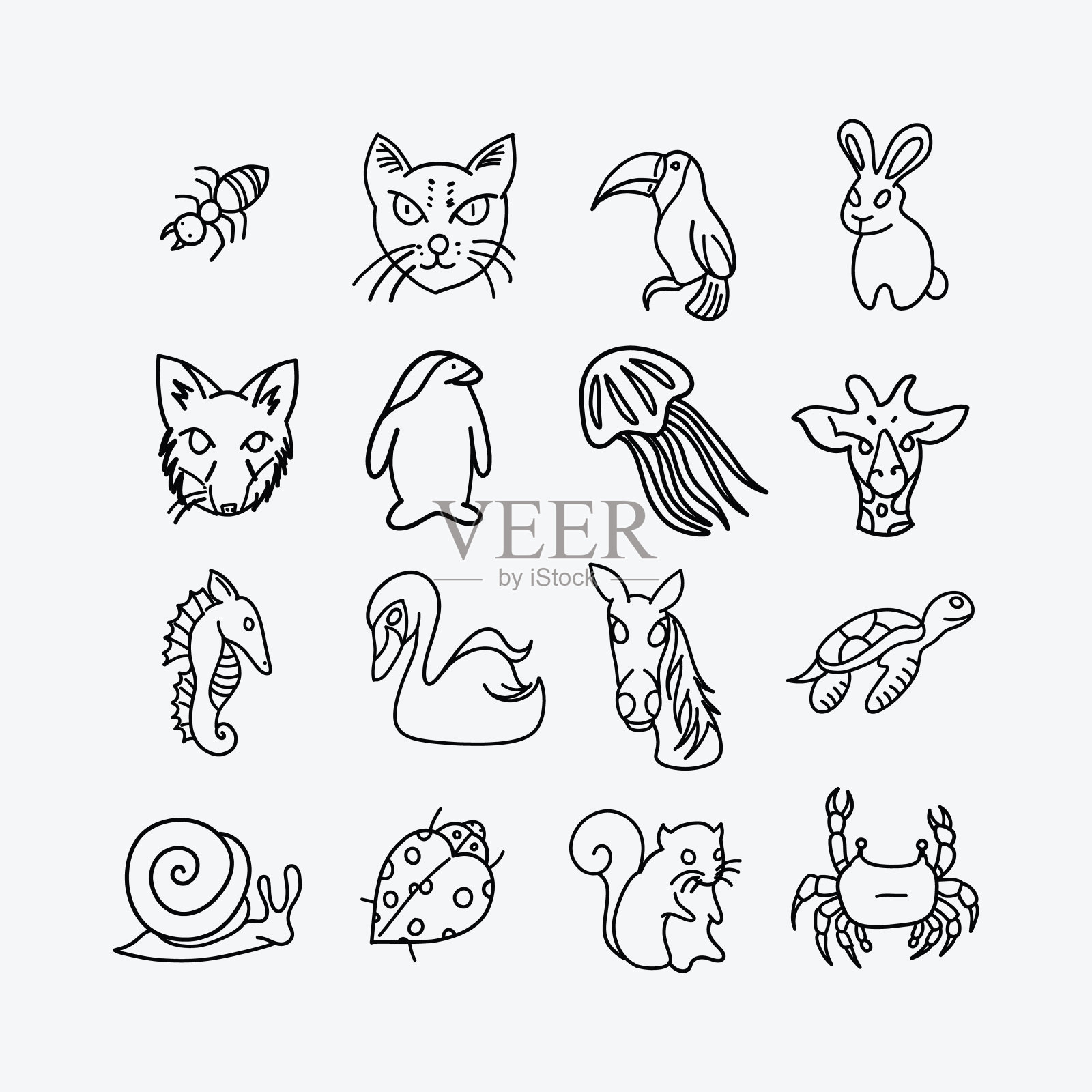 动物矢量涂鸦图标集。手绘素描插图eps10图标素材