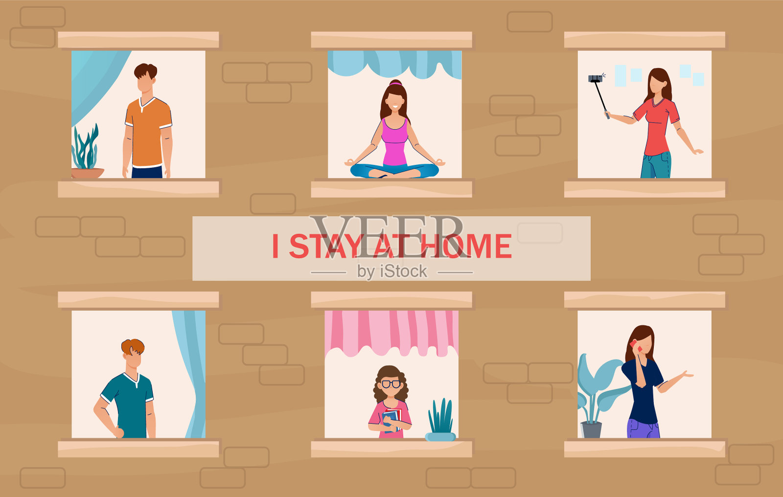 新冠肺炎疫情期间呆在家里插画图片素材