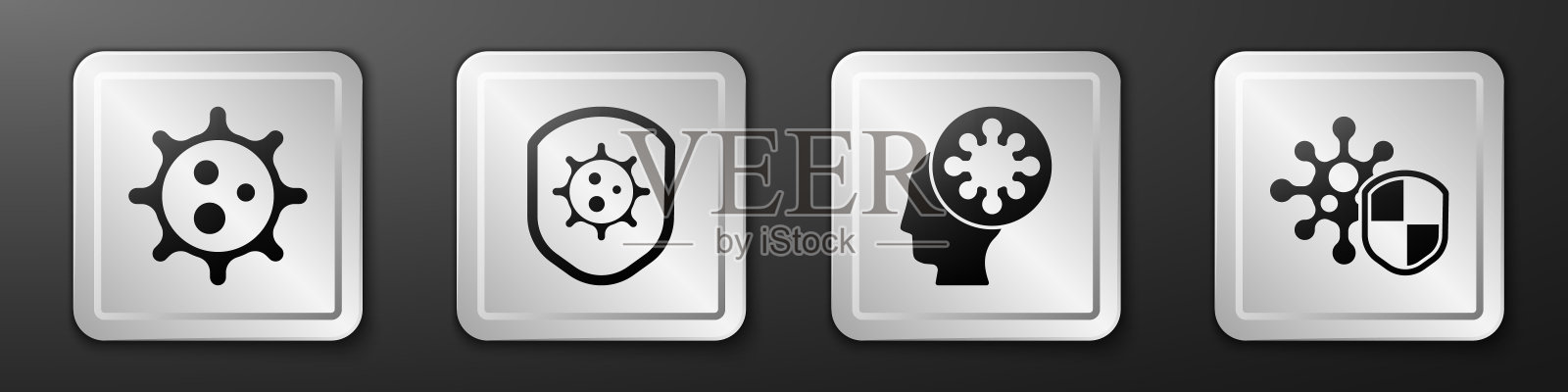 设置“病毒”、“屏蔽病毒”、“人与病毒”和“屏蔽病毒”图标。银广场按钮。向量图标素材