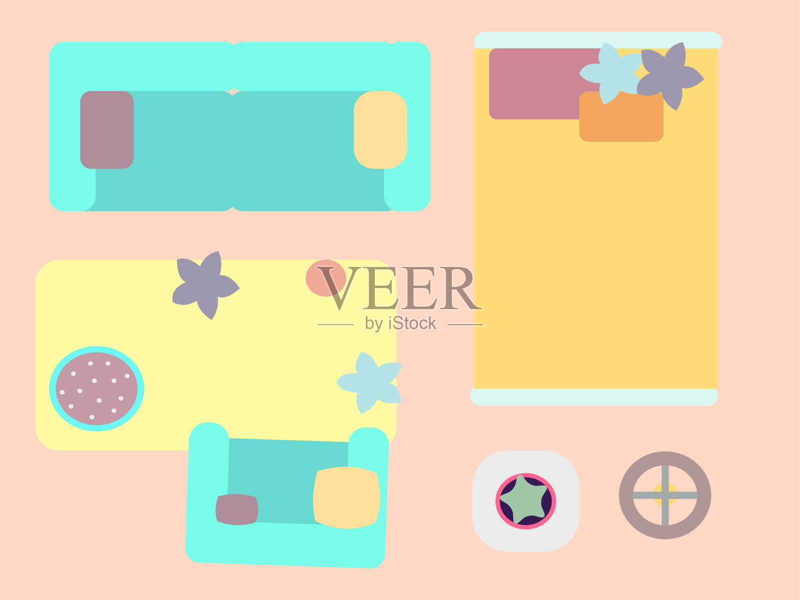 卧室的内部，从上面看，一个矢量图形插画图片素材