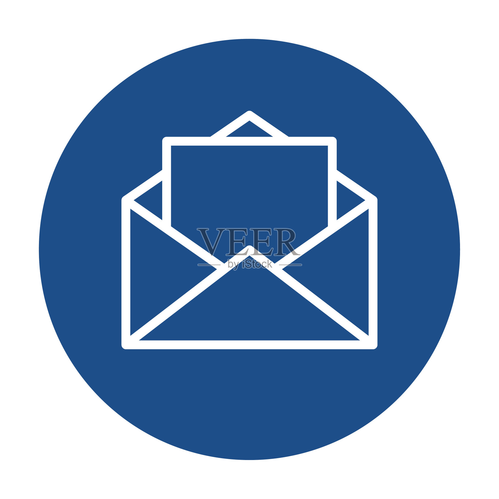 蓝色圆形打开的信封与字母轮廓图标，按钮孤立在白色的背景。图标素材