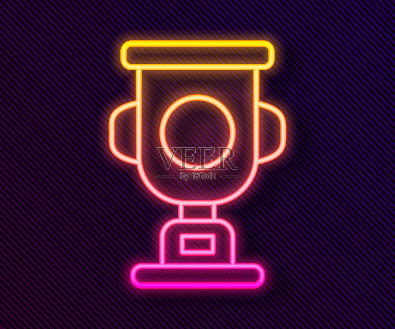 发光的霓虹灯线奖杯图标孤立在黑色背景。冠军奖杯的象征。冠军或比赛奖杯。体育成就的迹象。向量插画图片素材