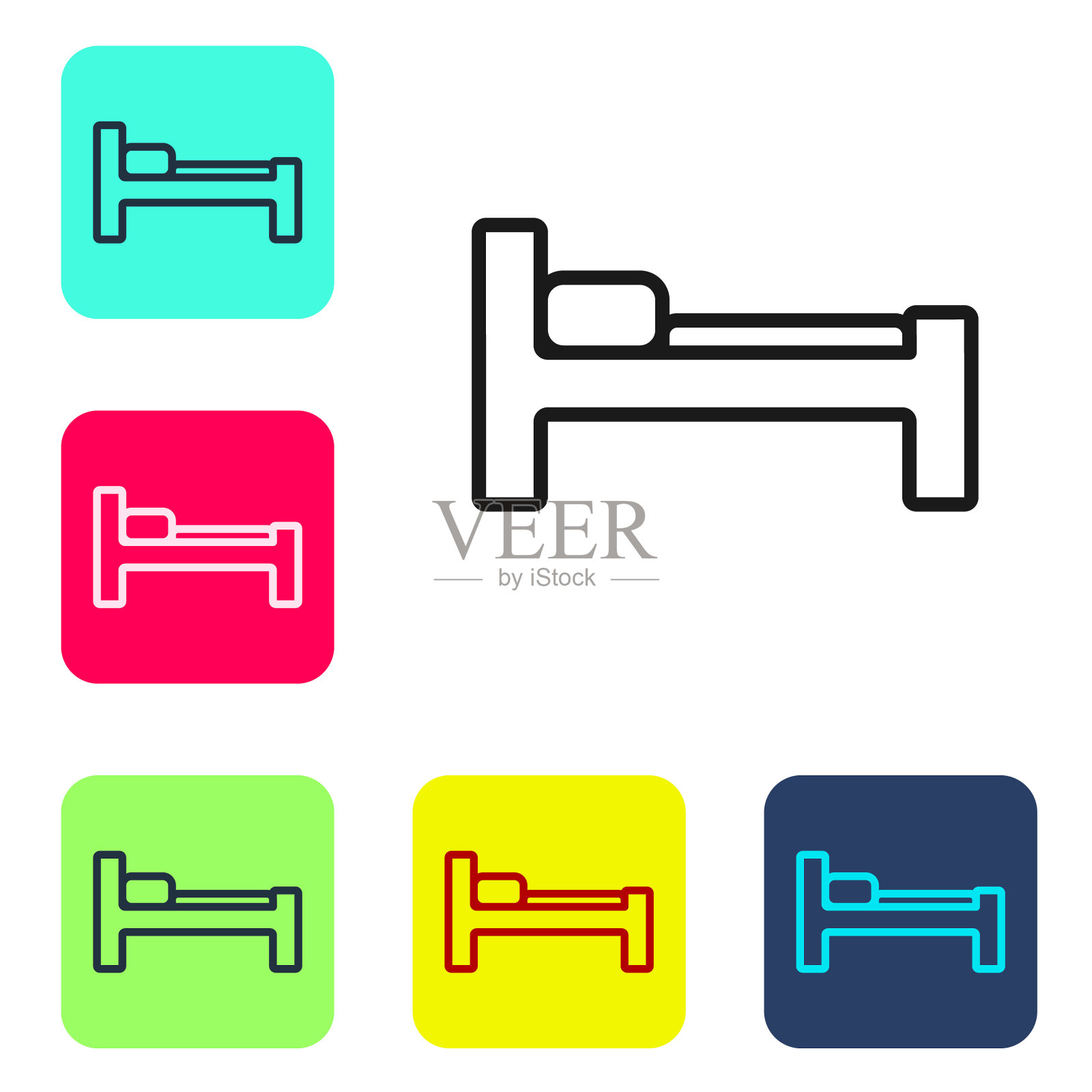黑色线床图标孤立在白色背景。设置图标的颜色方形按钮。矢量图图标素材