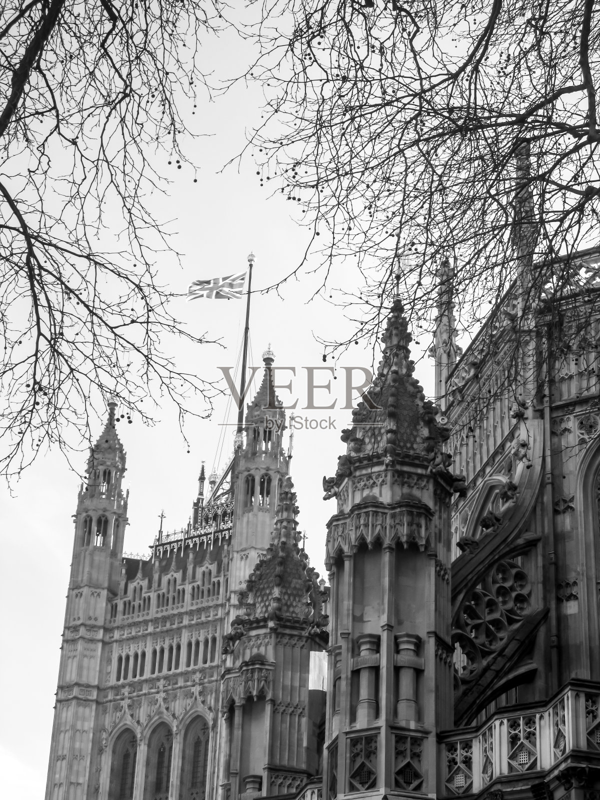 威斯敏斯特大教堂和议会大厦的单色石雕照片摄影图片