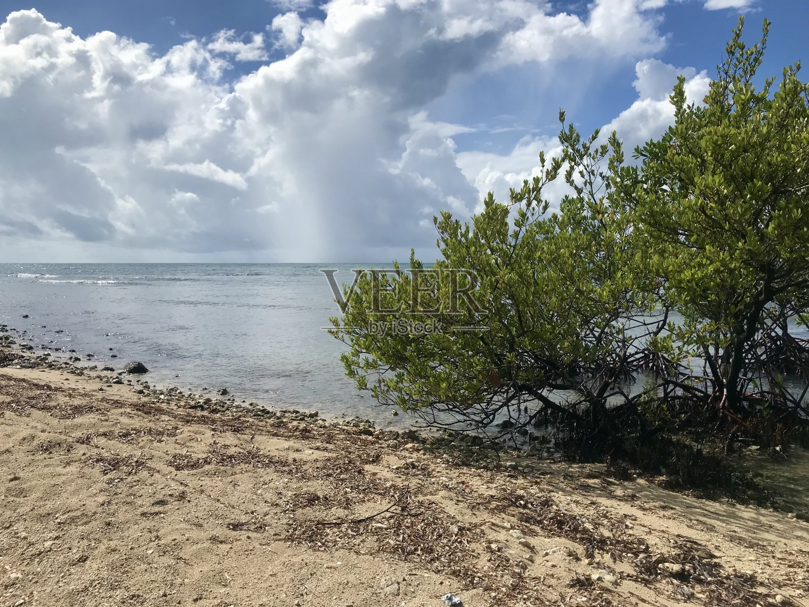古巴普拉亚安孔梦幻般的加勒比海风景:蔚蓝的天空和白色沙滩的海岸线照片摄影图片
