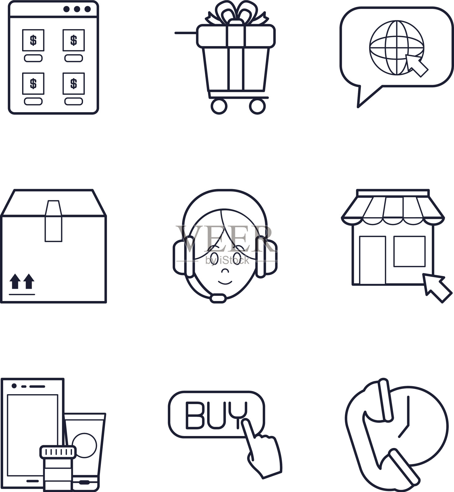 商店和网上购物图标设置线条风格图标素材