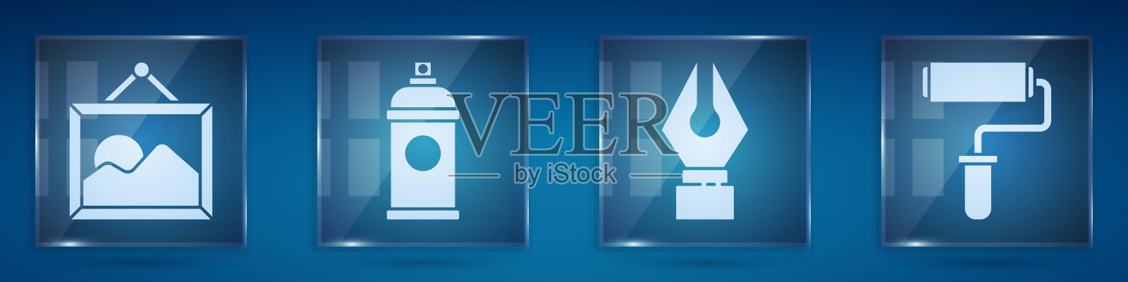 集画山水、喷漆罐、钢笔笔尖和油漆滚筒刷。方形玻璃面板。向量插画图片素材