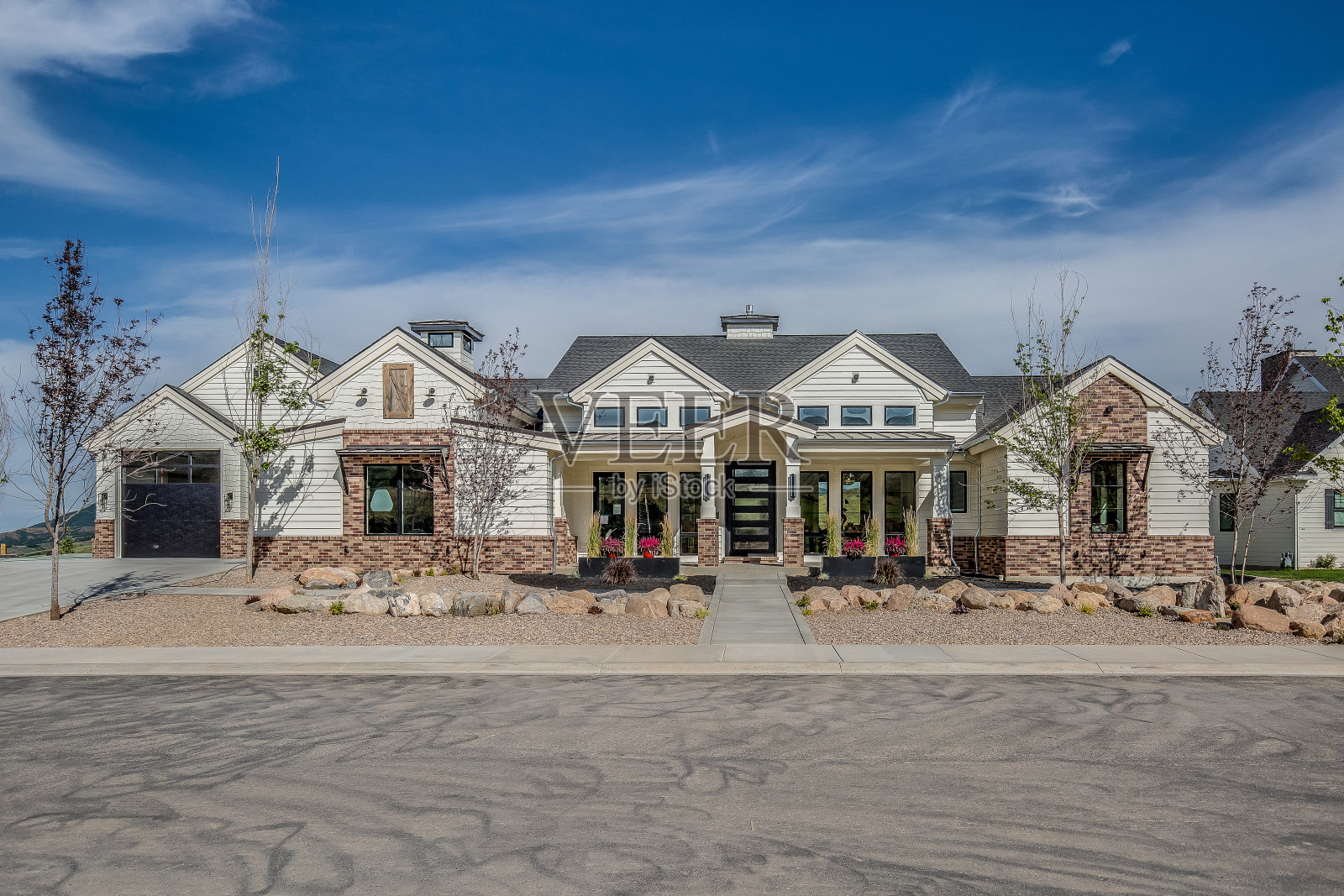 靠近街道的带漂亮前门的新建旅游房屋照片摄影图片