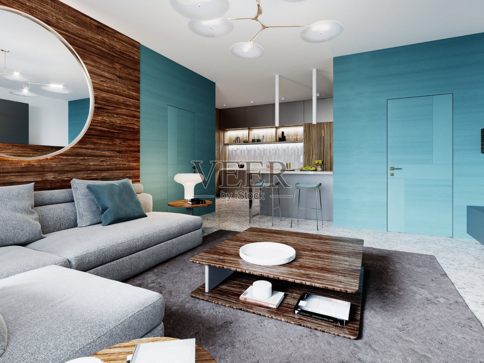 现代风格的客厅工作室，海蓝宝石的墙壁，木制面板和一面圆镜子，一个白色的角落沙发和一个黑色的橱柜，电视。照片摄影图片