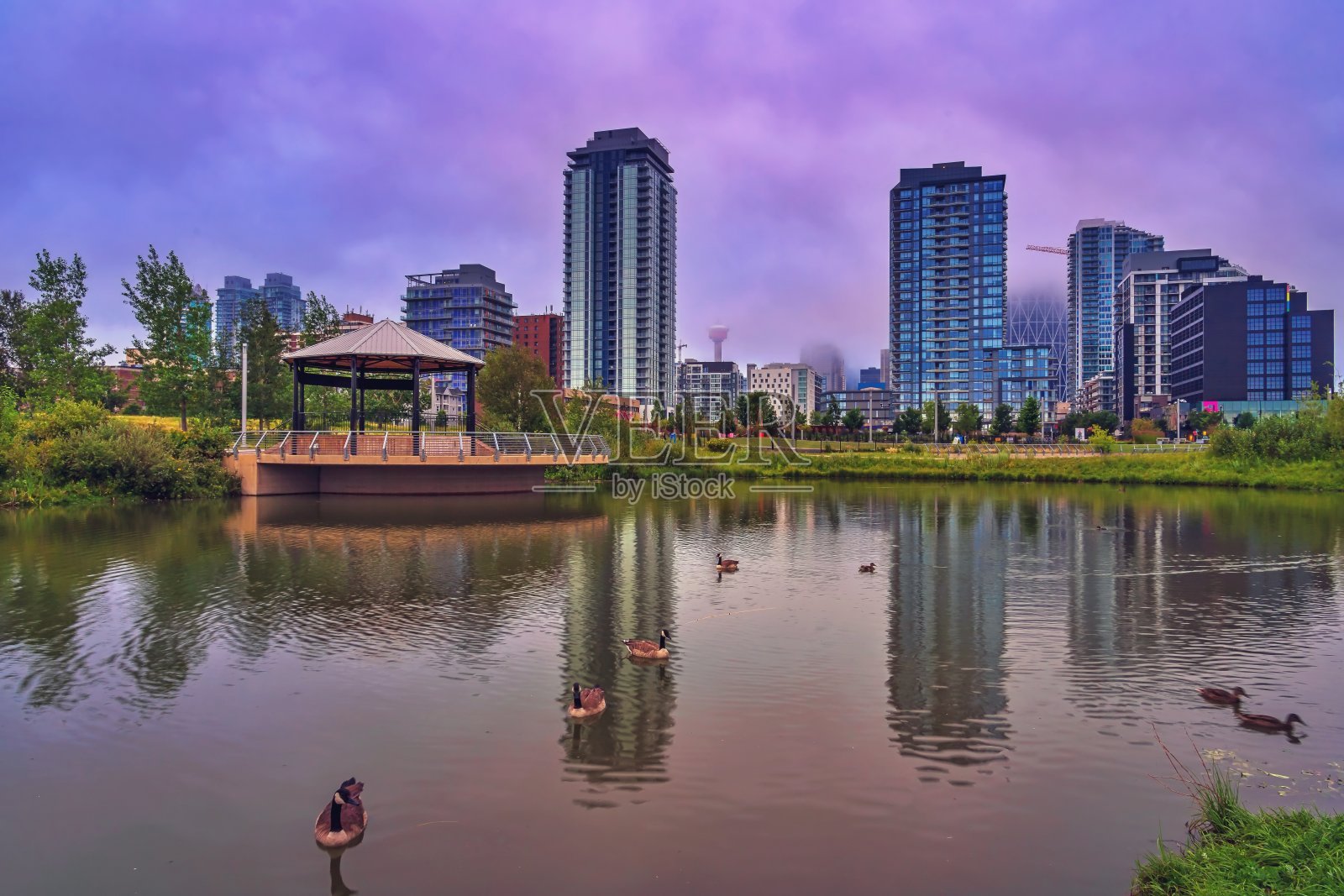 卡尔加里市中心公园上空的穆迪云照片摄影图片