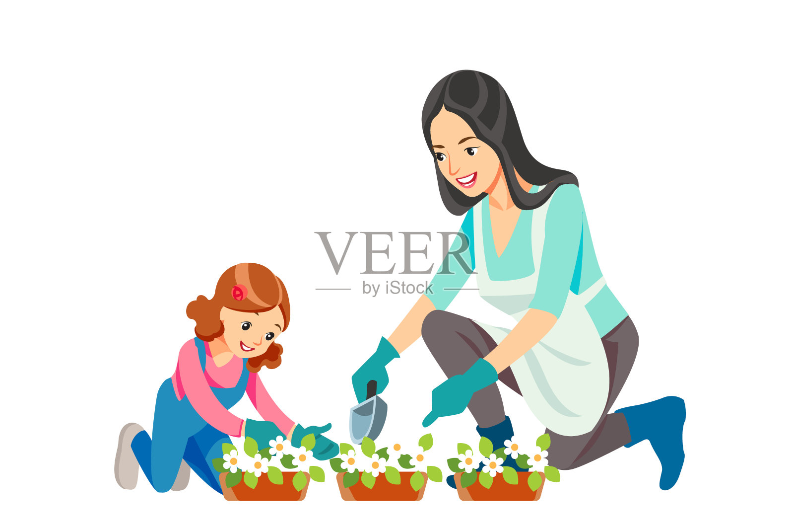 母亲和女儿，一起在花园里种花。母亲养育孩子的概念。母亲节节日概念。卡通平面孤立矢量设计插画图片素材