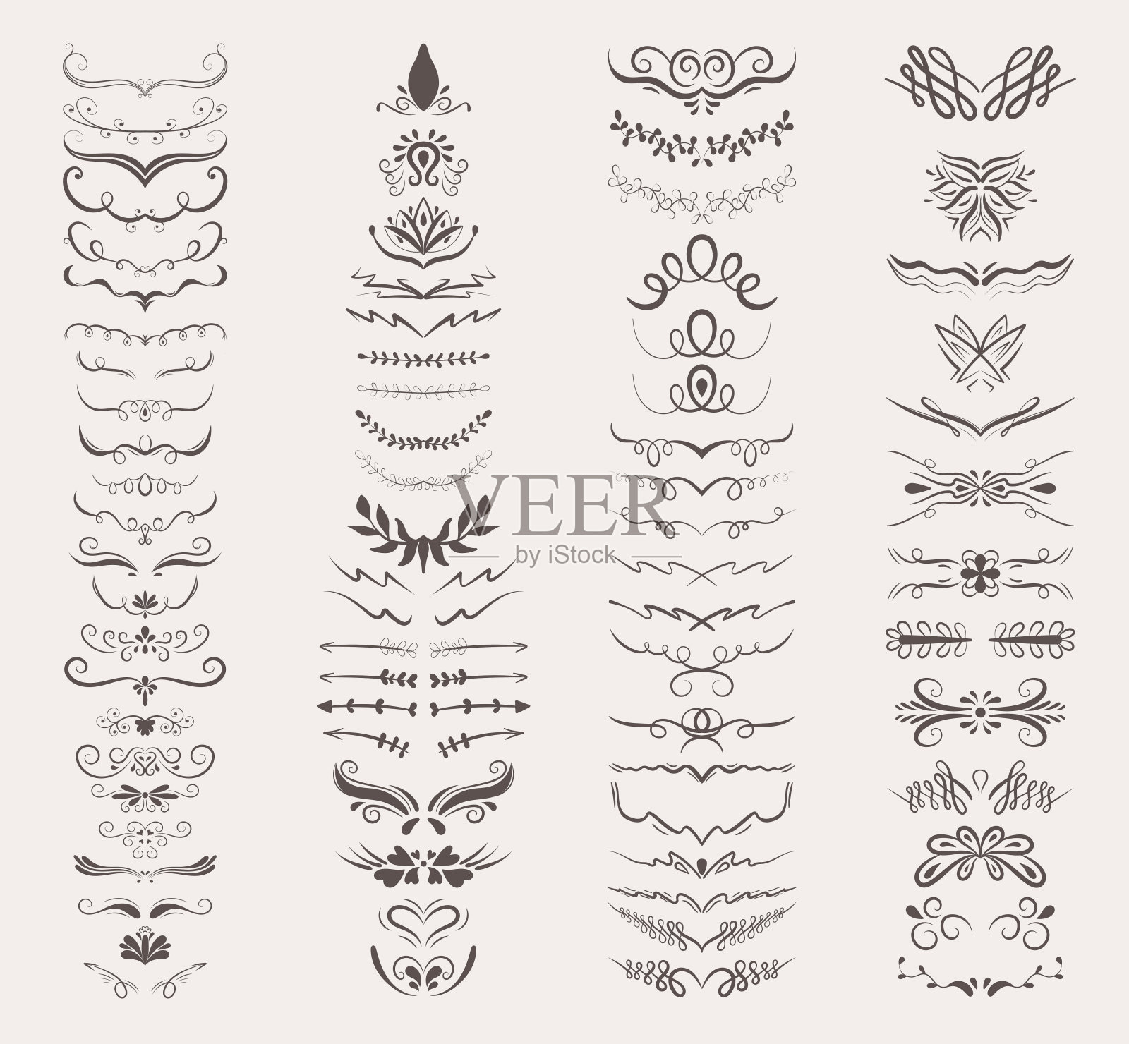 大型集76向量装饰元素。用于装饰的各种形状的边框、框架、托架、玫瑰花结。旧风格的线条和书法元素的标志，婚礼，菜单，餐厅。插画图片素材