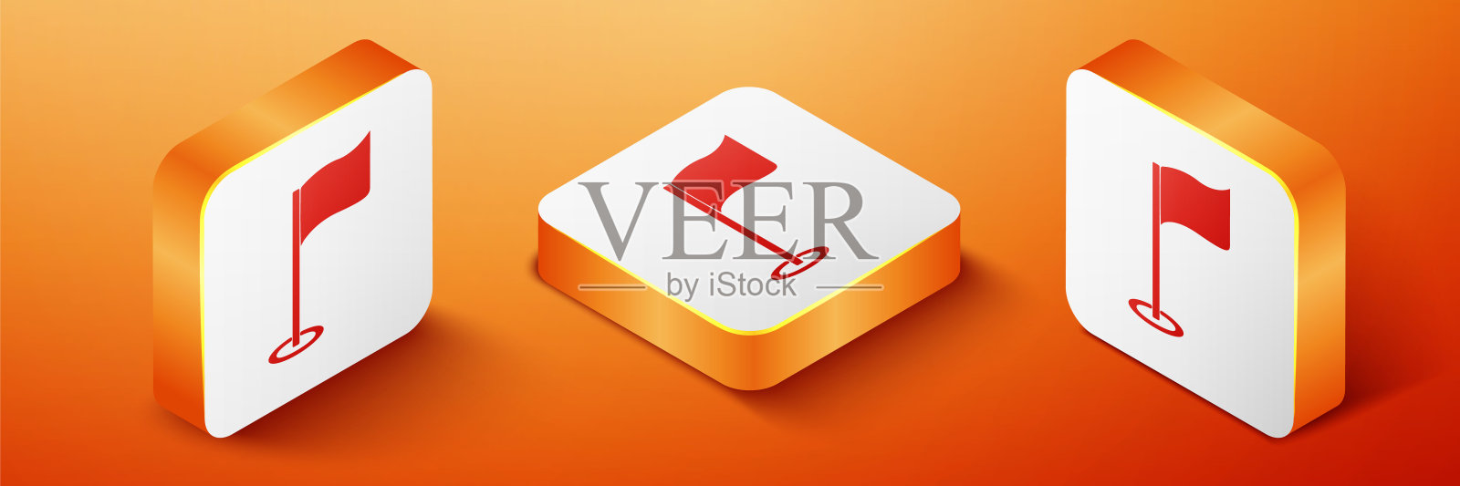 等距高尔夫旗图标孤立在橙色背景。高尔夫球器材或配件橙色平方按钮。向量图标素材