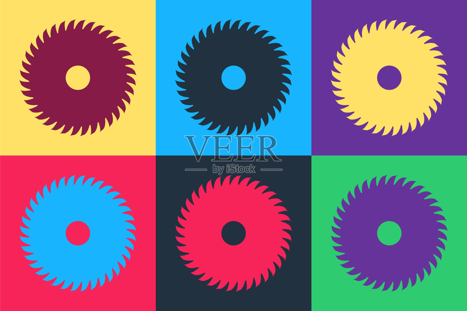 波普艺术圆形锯片图标孤立在彩色背景上。看到车轮。向量插画图片素材