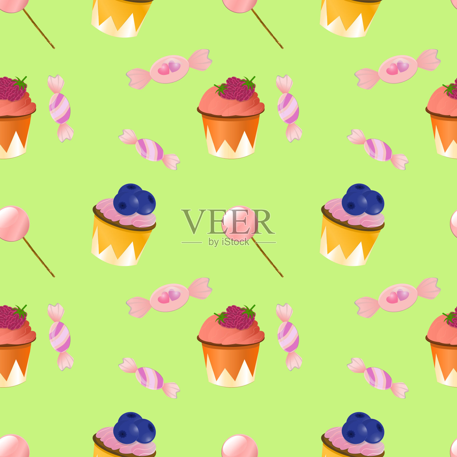 甜点图案无缝。绿色背景的纸杯蛋糕、棒棒糖和糖果。图案在卡通风格与梯度。包装纸和袋子的甜美图案。插画图片素材