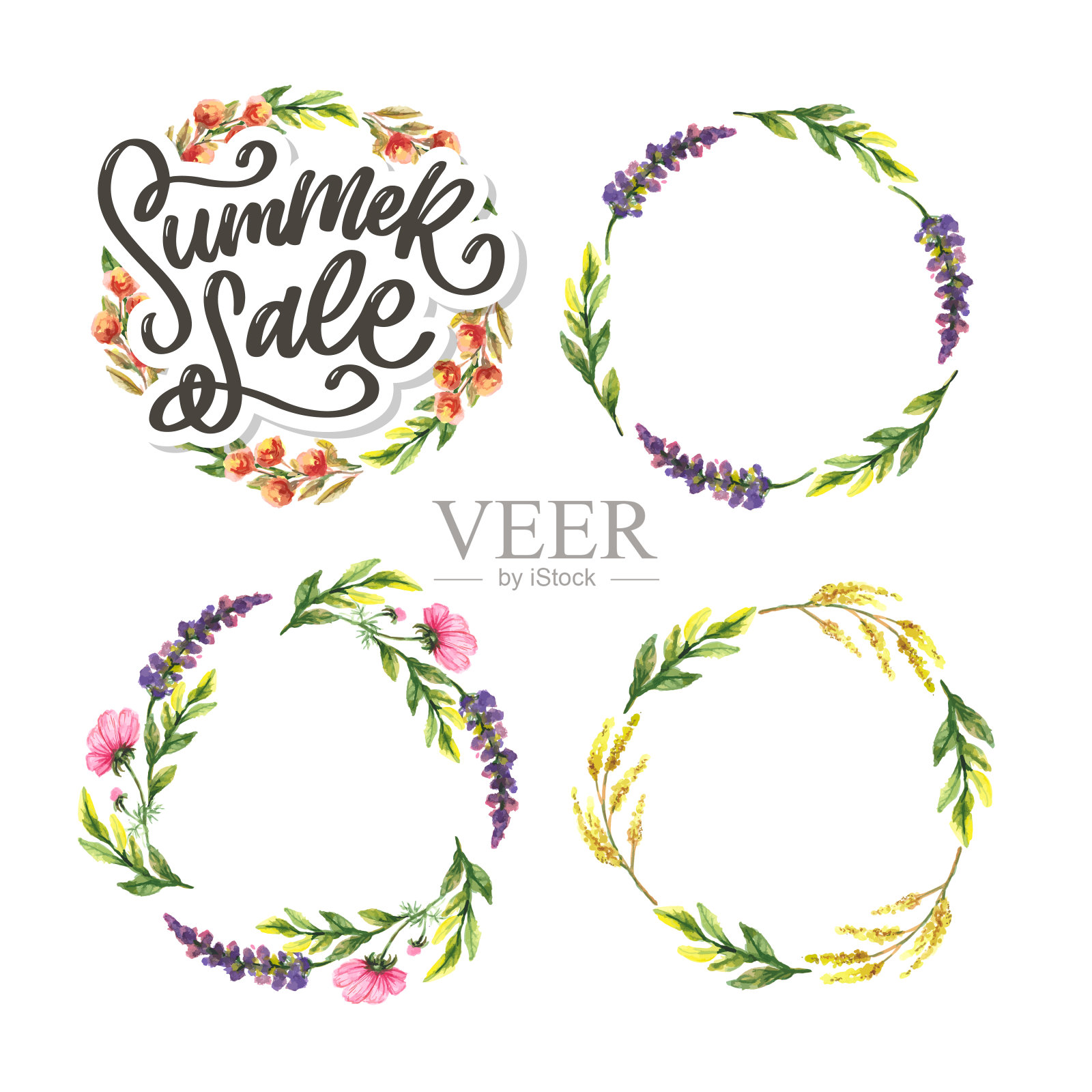 时髦的花载体模板。夏季鲜花和夏季销售字母插图。破旧的金色纹理条纹背景。插画图片素材