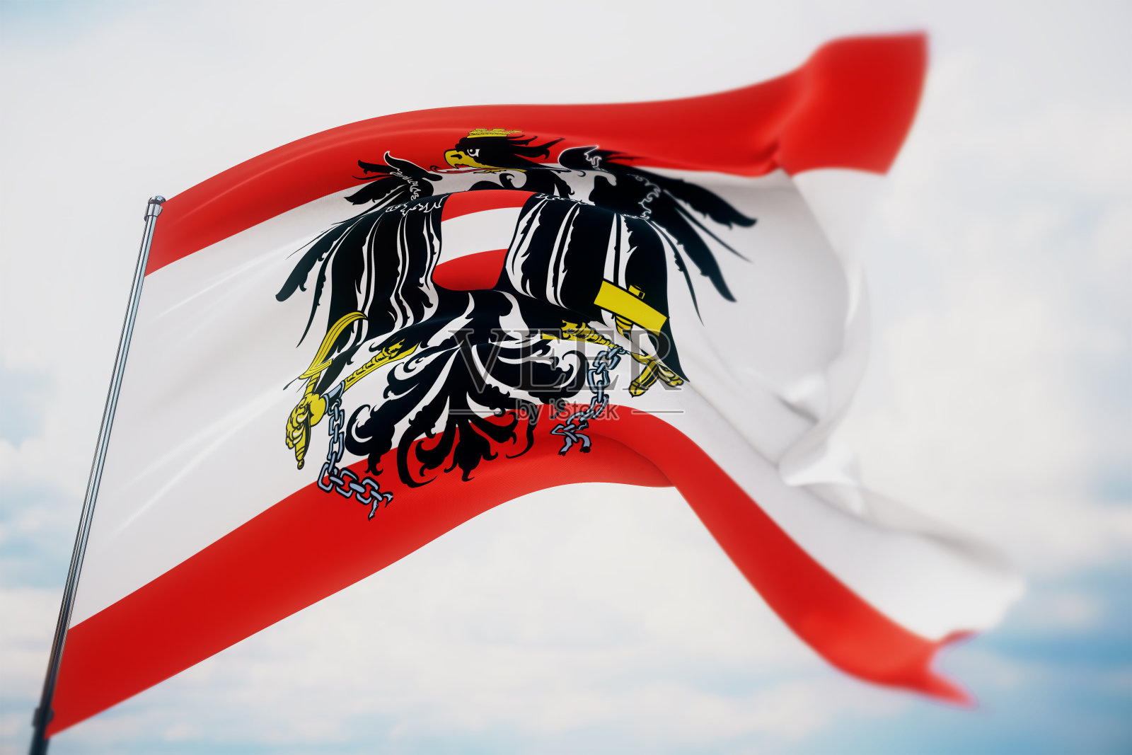 飘扬着世界旗帜——奥地利国旗。用浅景深拍摄，选择性聚焦。3 d演示。照片摄影图片