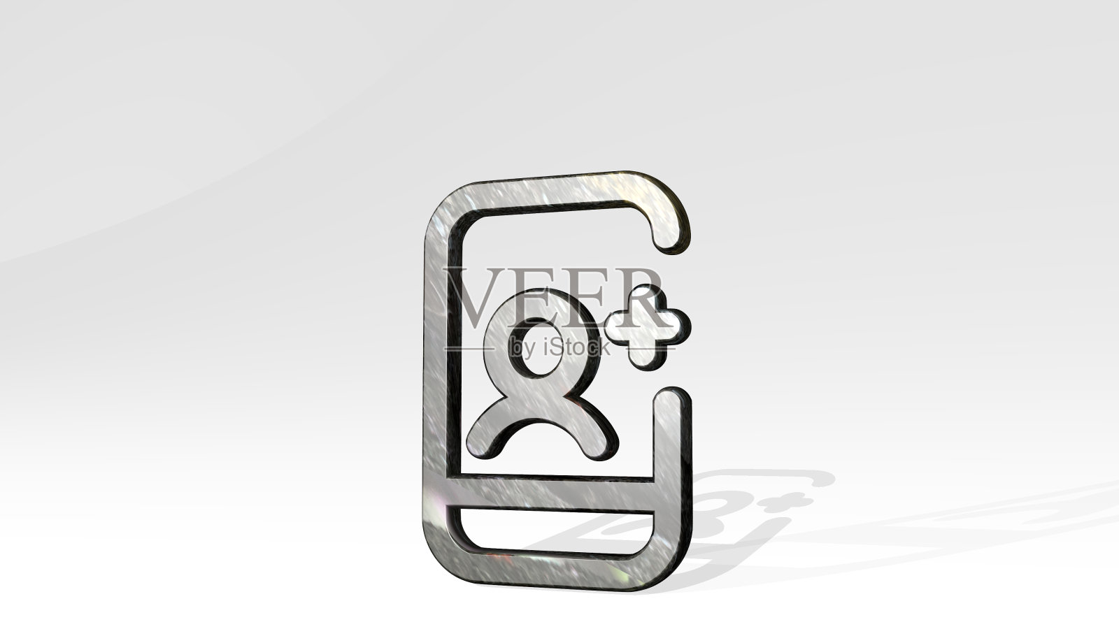 社交资料智能手机添加两个光源投射阴影。金属雕塑的3D插图在一个白色的背景与温和的纹理。媒体和概念照片摄影图片