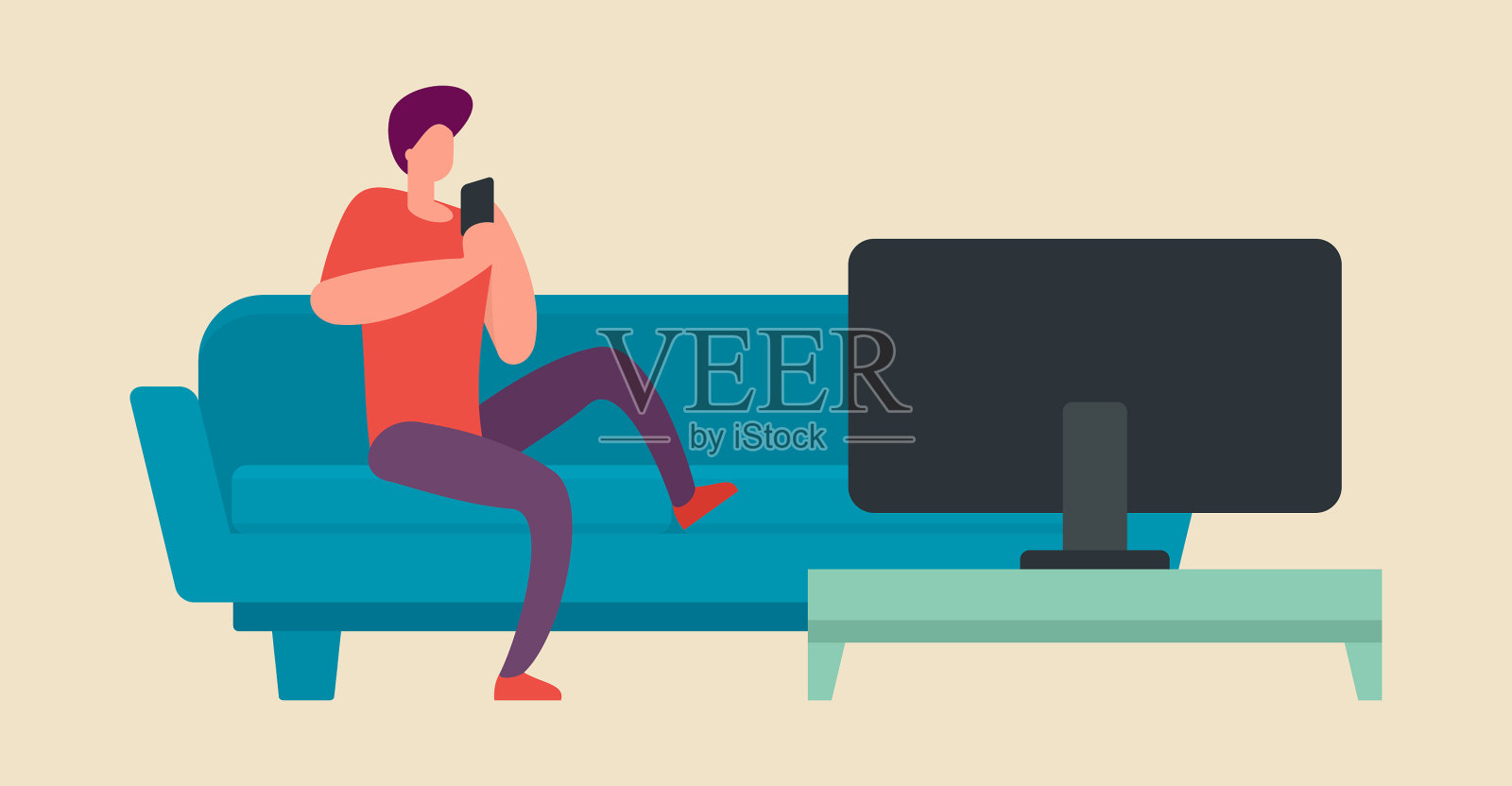 男人坐在沙发上看电视插画图片素材