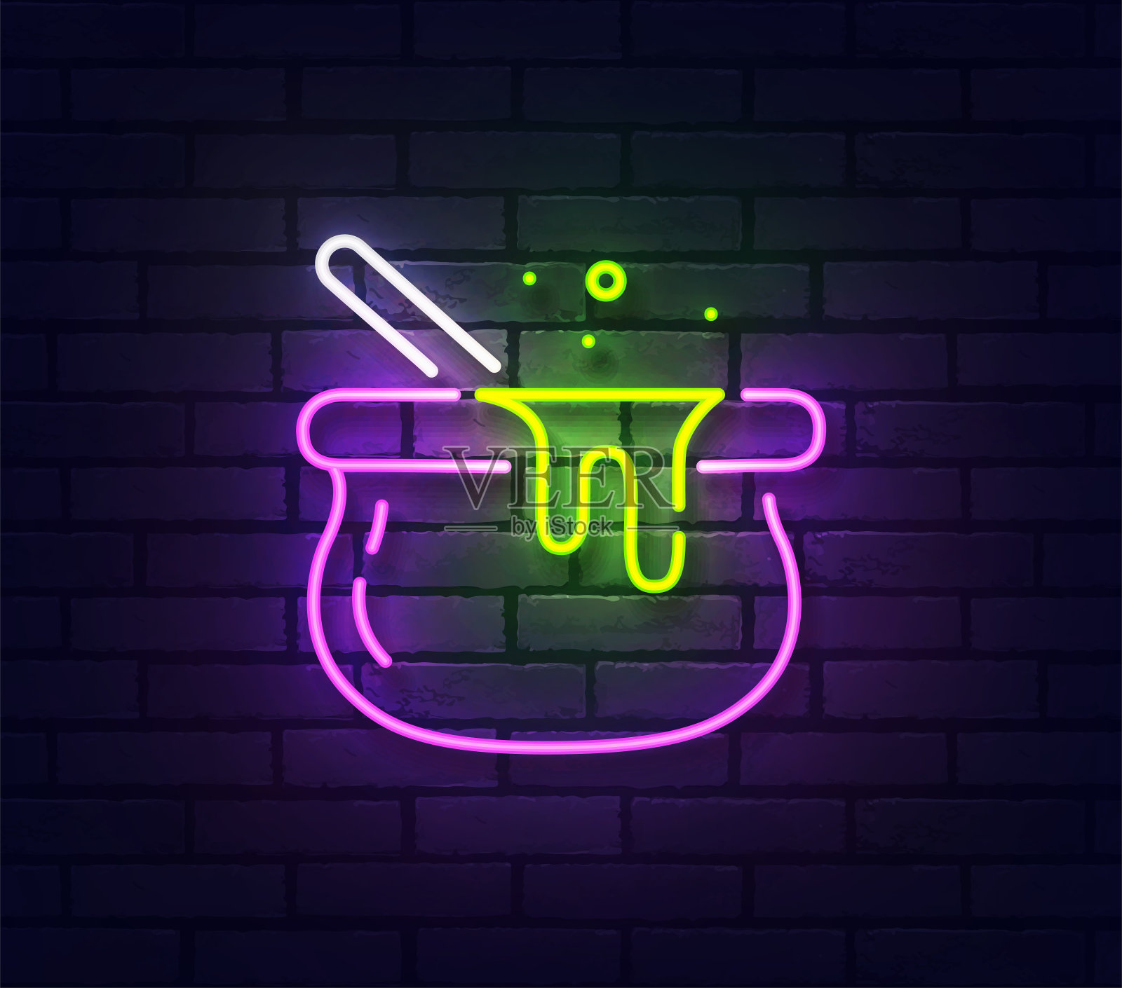 女巫bowler霓虹灯。发光的霓虹灯糖果招牌。在砖墙上，有彩色霓虹灯隔离的巫师的标志。矢量图插画图片素材