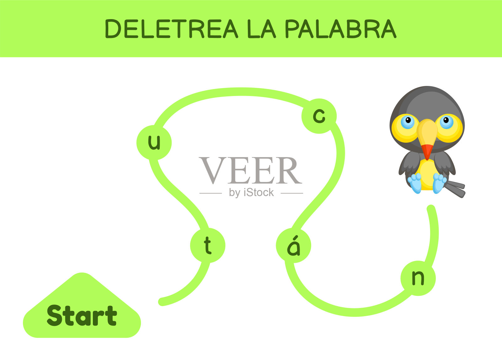 delete trea la palabra -拼写单词。迷宫的孩子。拼写单词游戏模板。学习读单词巨嘴鸟。儿童学习西班牙语发展活动页面。矢量插图。插画图片素材